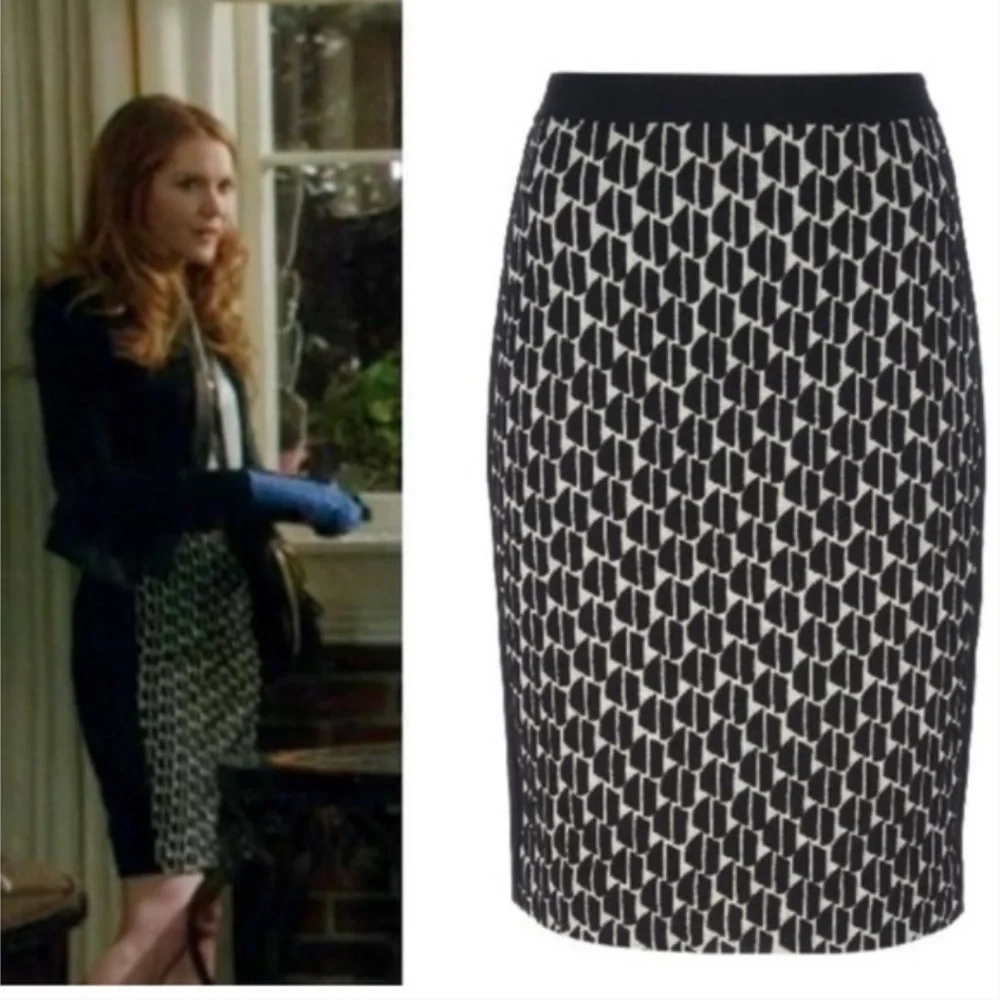 DIANE VON FURSTENBERG Alyce Black and Cream Geometric WOOL BLEND PENCIL Skirt 6